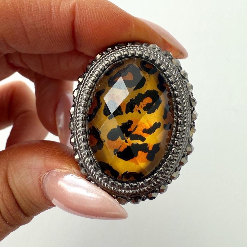 Chunky Leopard Print & Rhinestone Statement Cocktail Ring - Adjustable - Picture 3 of 8